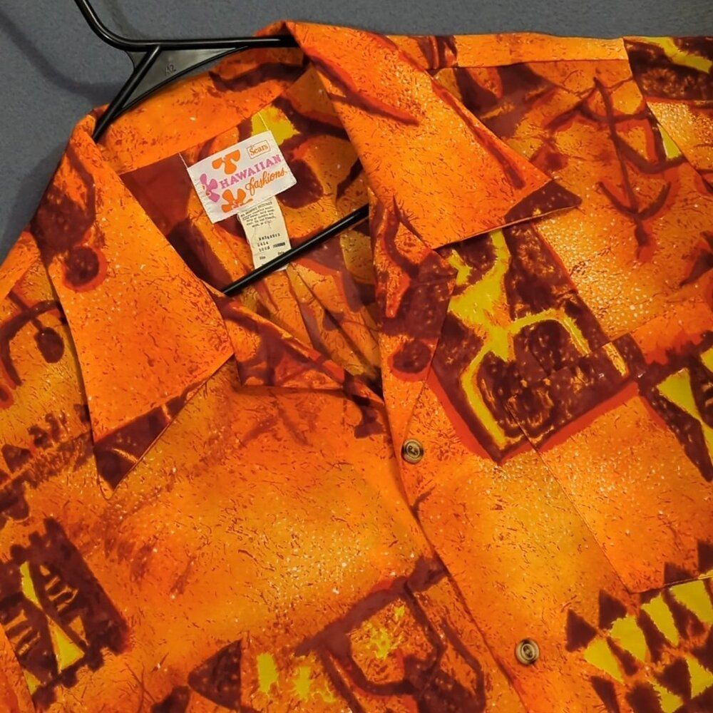 Sears VTG Hawaiian Shirt Men's XL Orange Button Up TIki Graphic Petroglyphs